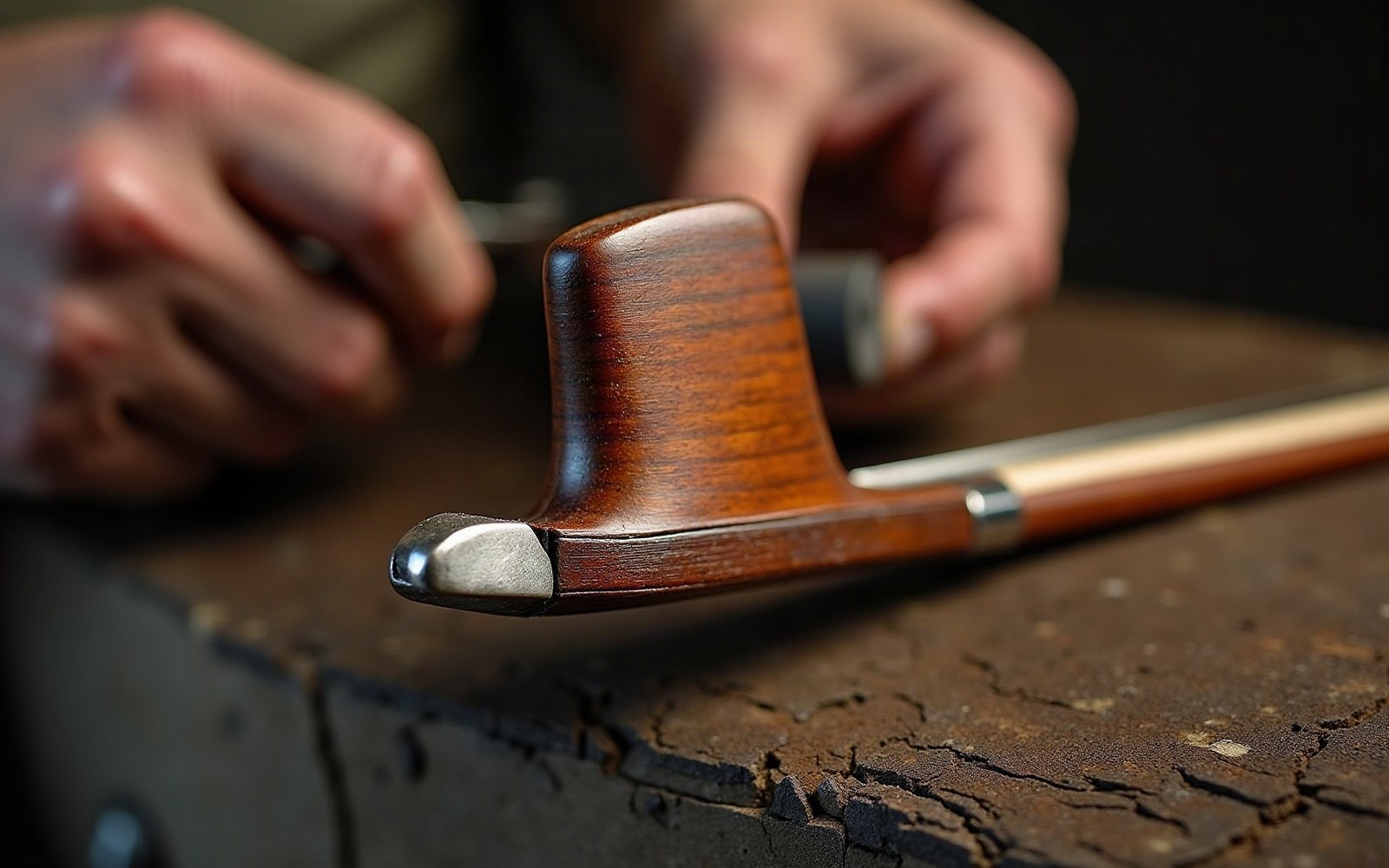 Close-up of a violin bow head showing the ivory-substitute head plate, mortise and splayed horsehair