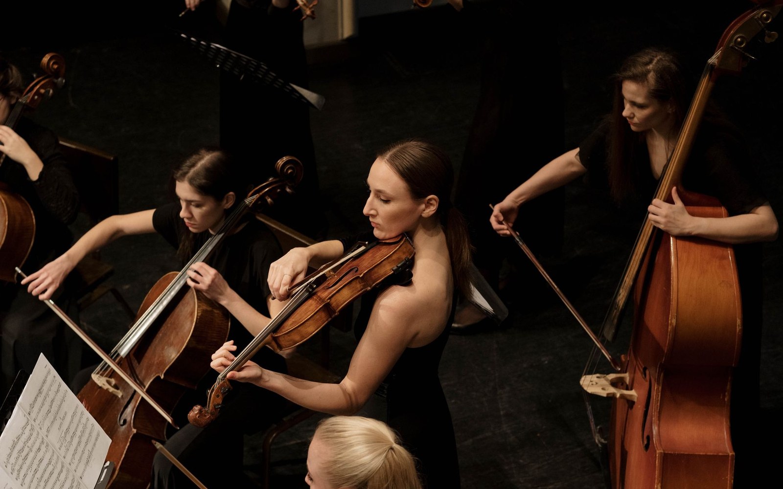 Musicians play violin, cello and double bass together in an orchestra string section