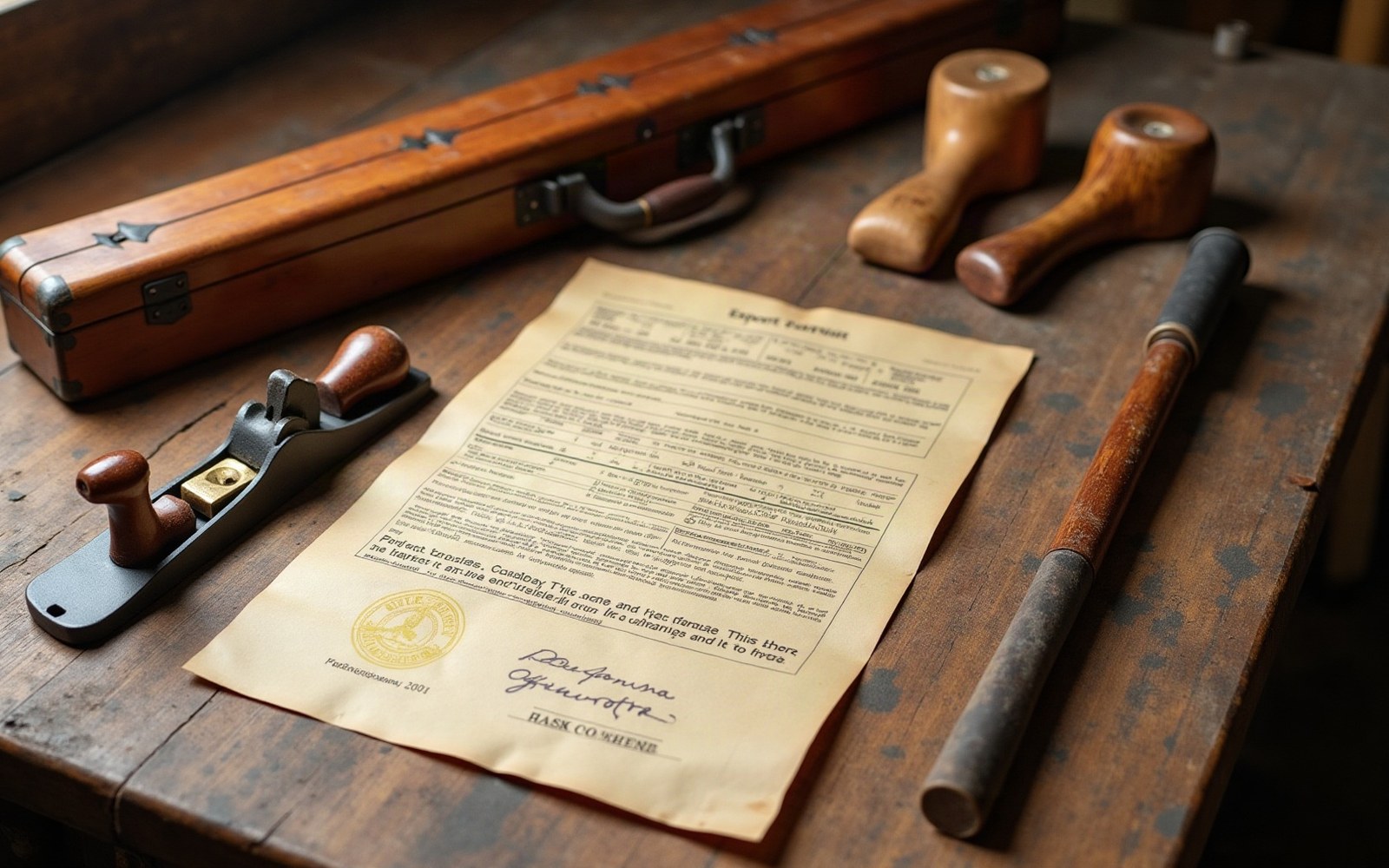 A signed certificate lies on a wooden workbench beside a hand plane, wooden mallets and a case