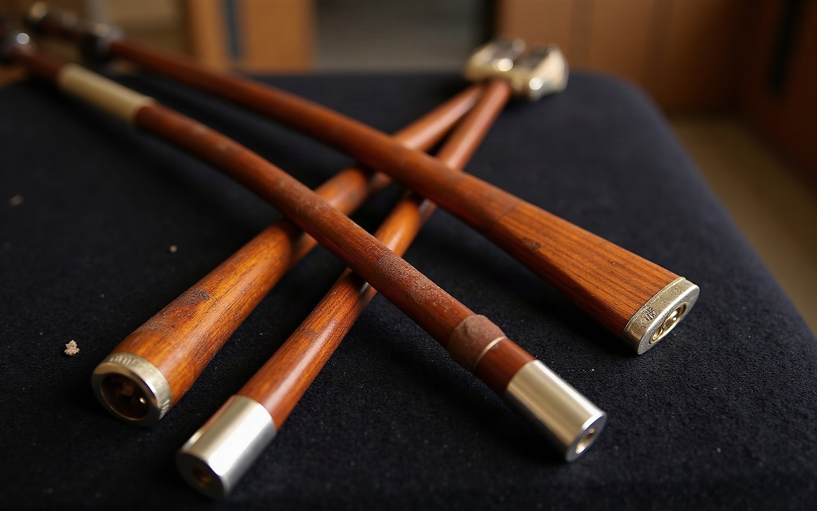 Several wooden violin bow frogs with metal fittings crossed on a dark cloth