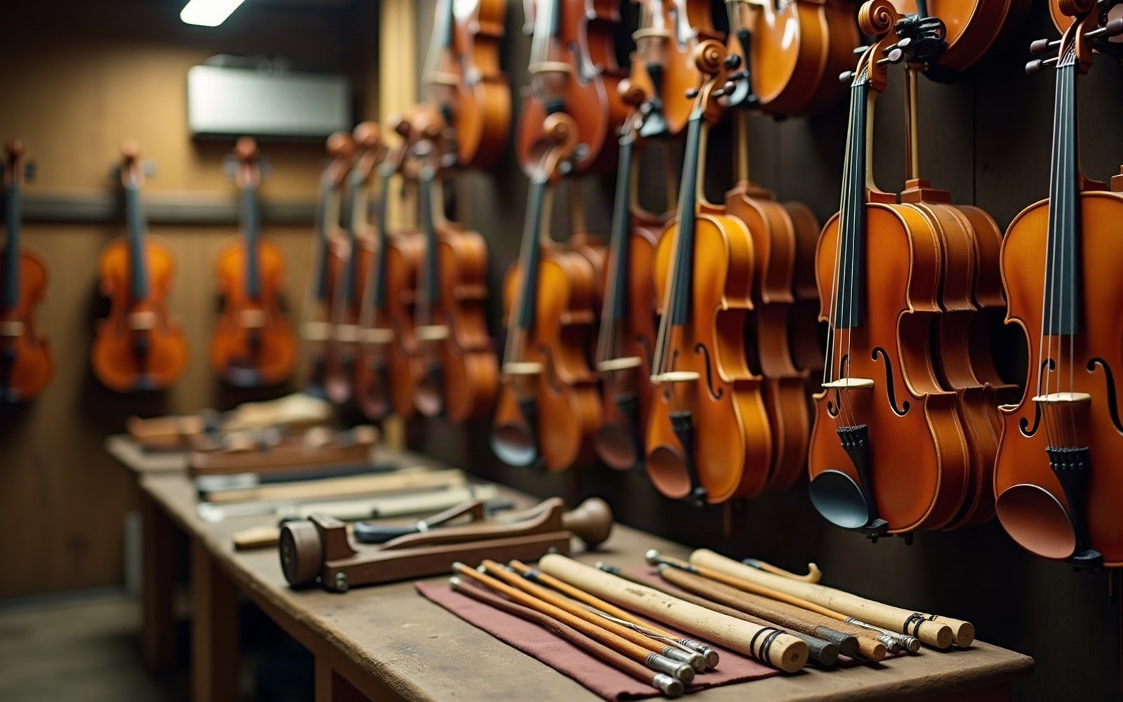 Rows of violins hang on a workshop wall above bows and tools laid on a bench