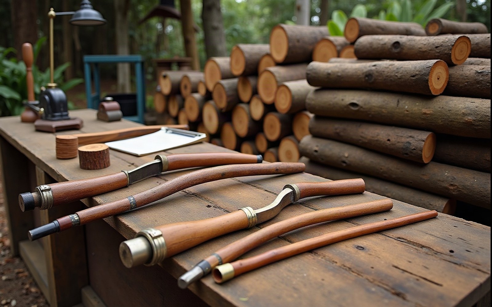 Wooden pipe stems with brass fittings arranged on a workbench beside stacked logs