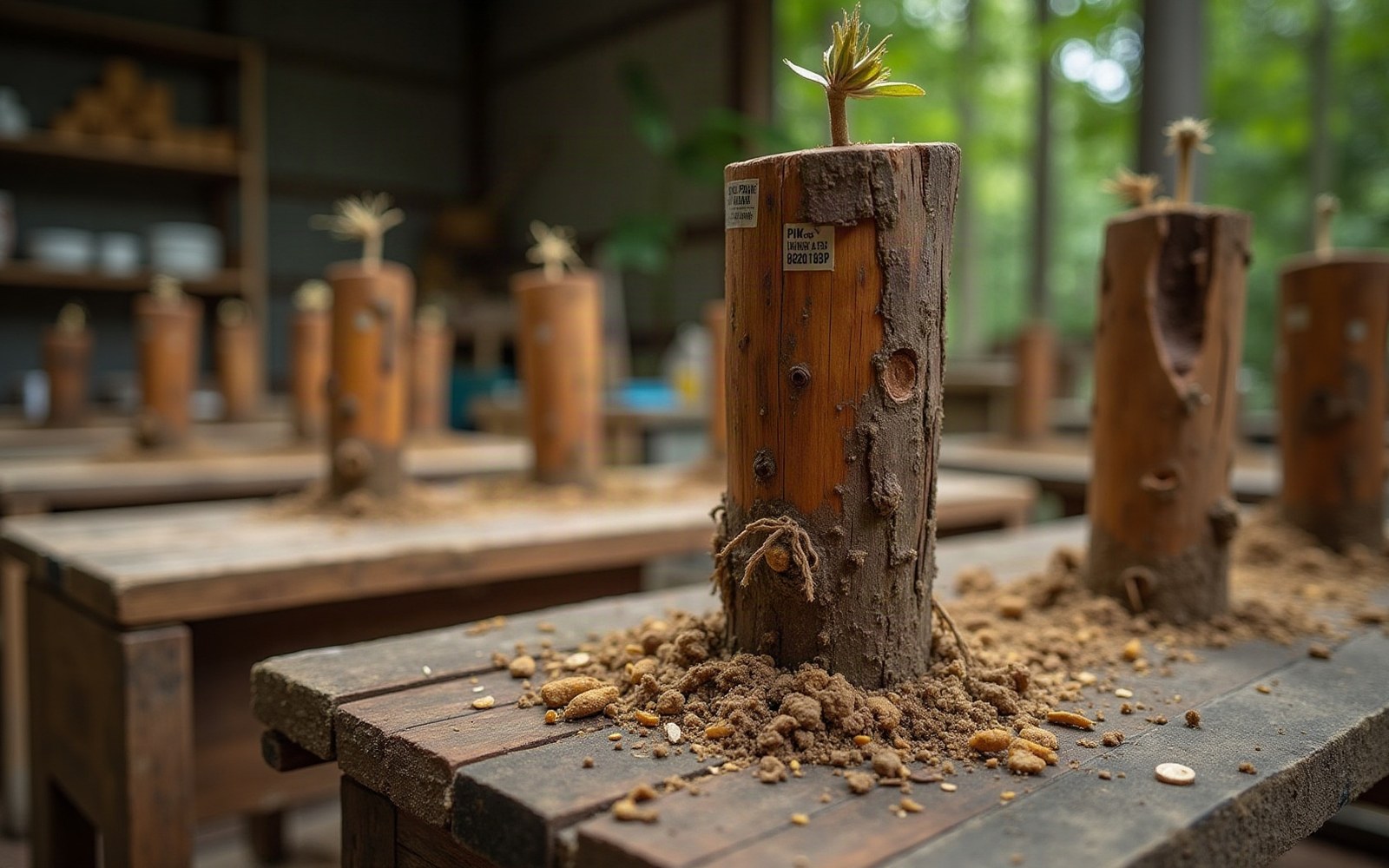 Labeled tree cuttings sprout new shoots on wooden benches in a nursery
