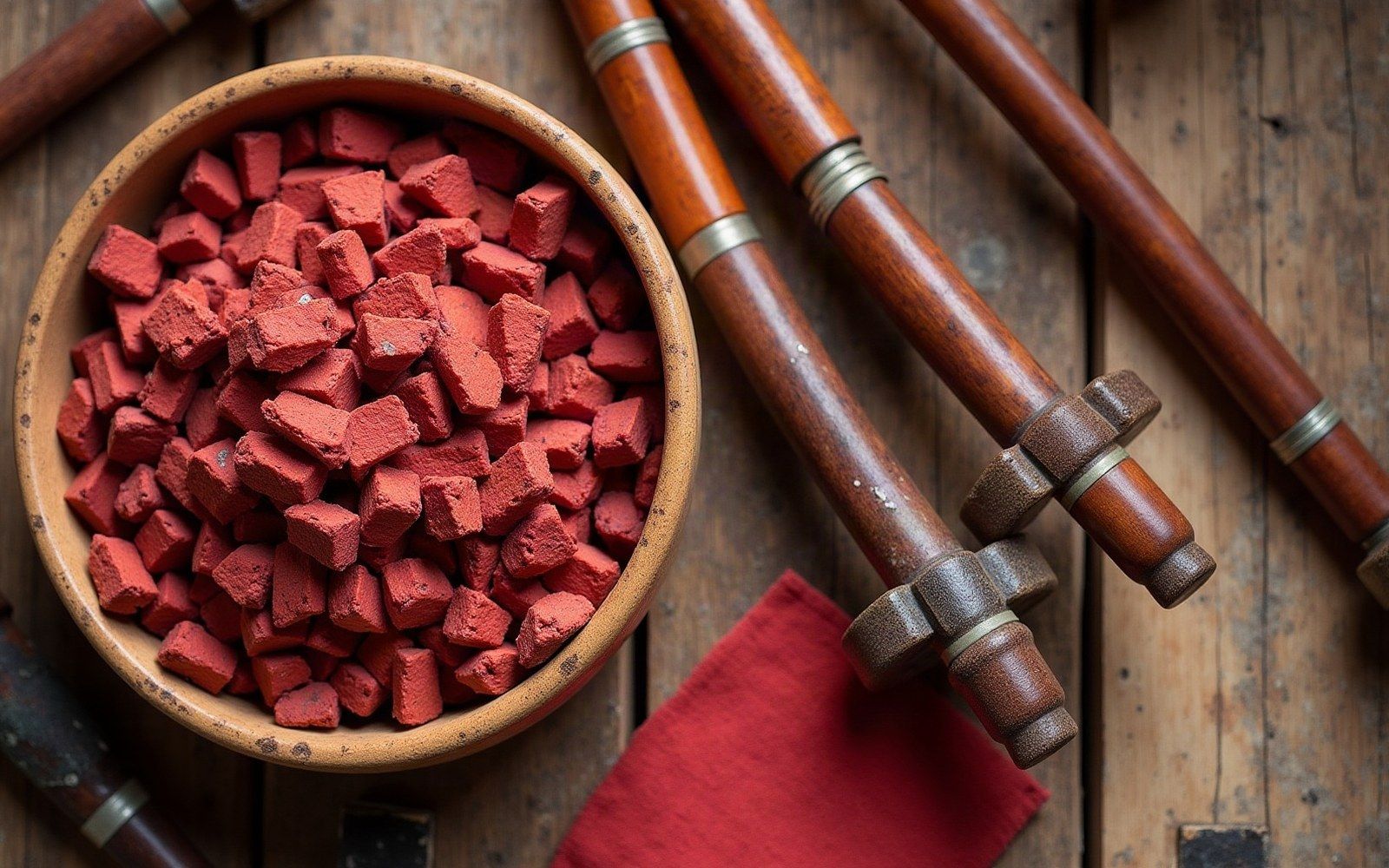 Bowl of red dyewood chips beside wooden bow frogs on a table