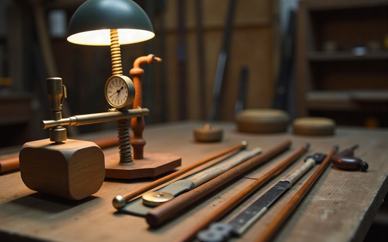 A dial gauge clamped to a workbench beside several violin bows and a desk lamp