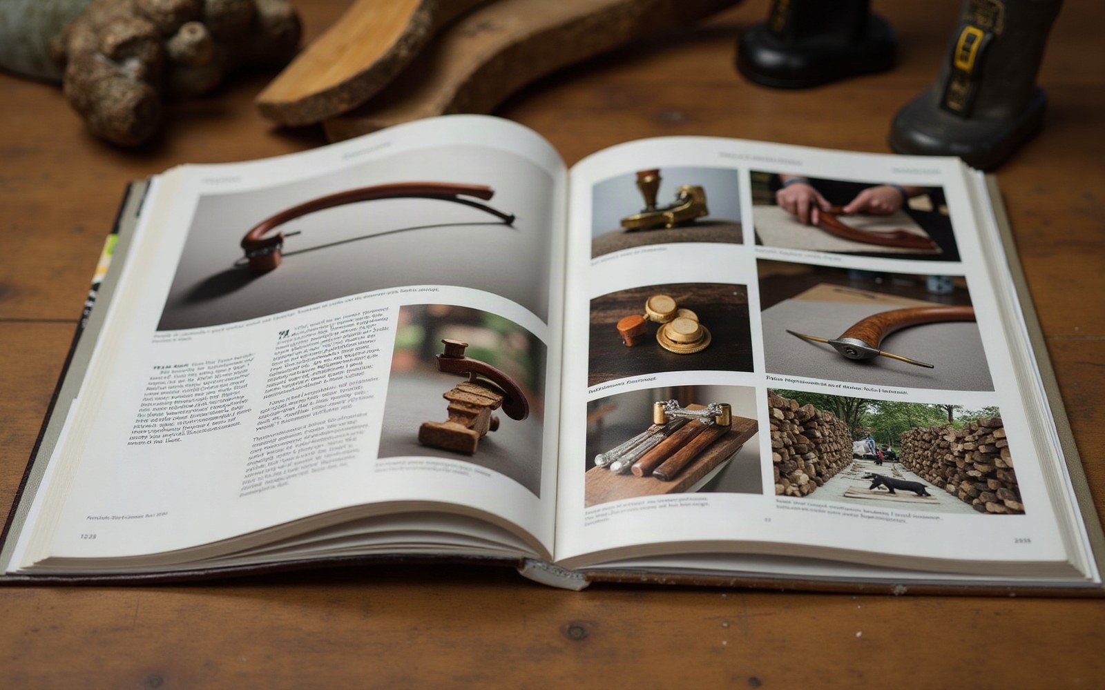 Open book showing catalogue pages with photos of a violin bow and craftsmanship details