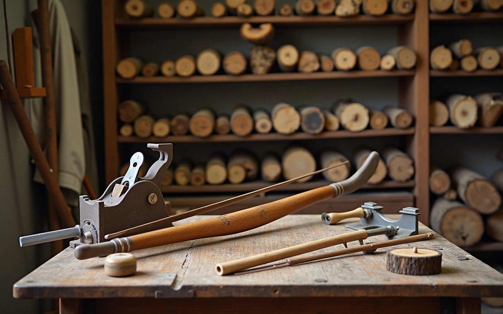 Bow-making tools and a curved wooden stick rest on a workbench before shelves of wood blanks