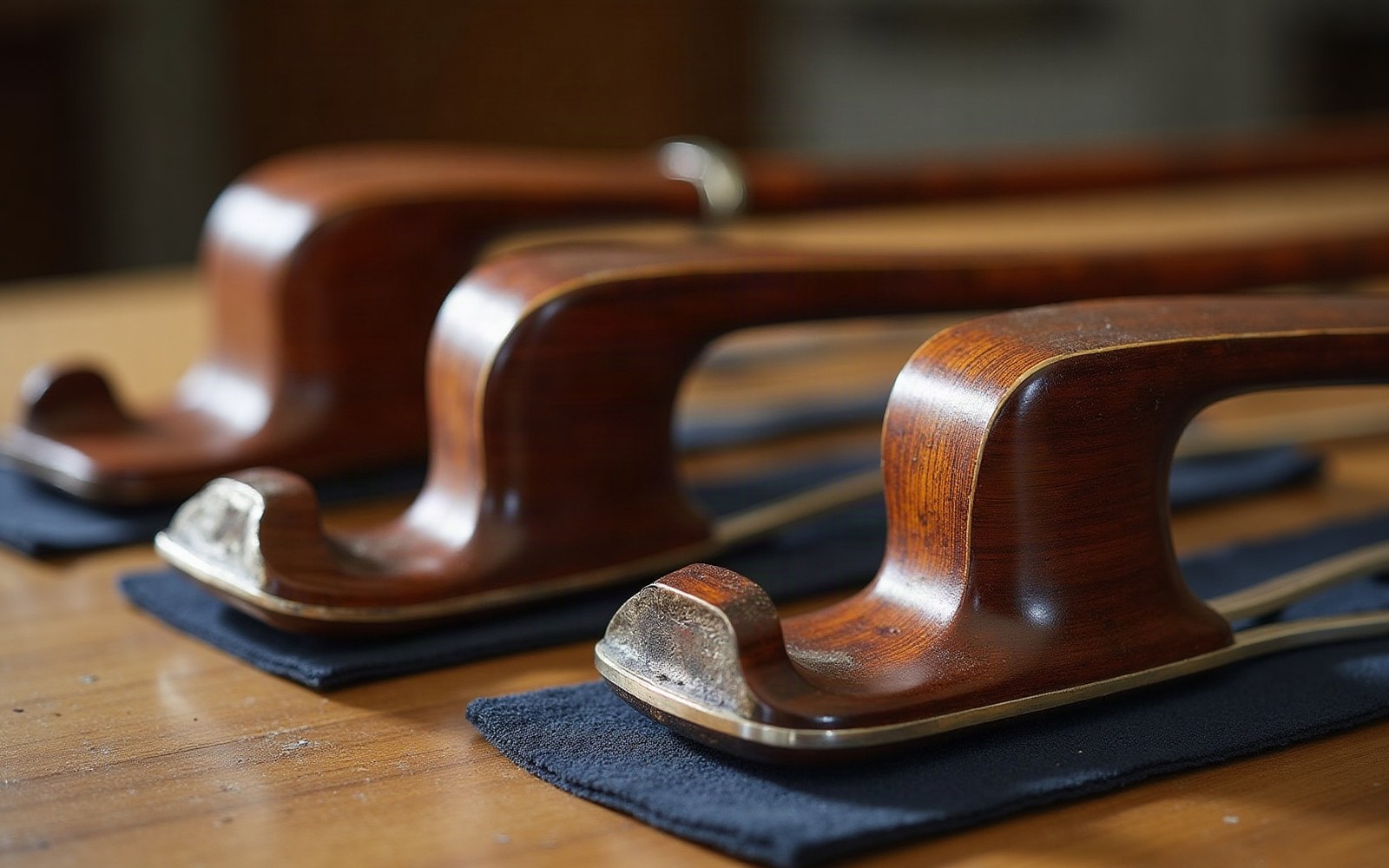 Three violin bow frogs with silver fittings lined up on a workbench