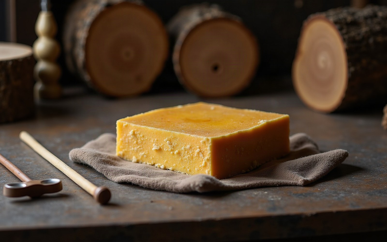A rectangular rosin cake worn to a deep groove by years of use, on a cloth-covered surface